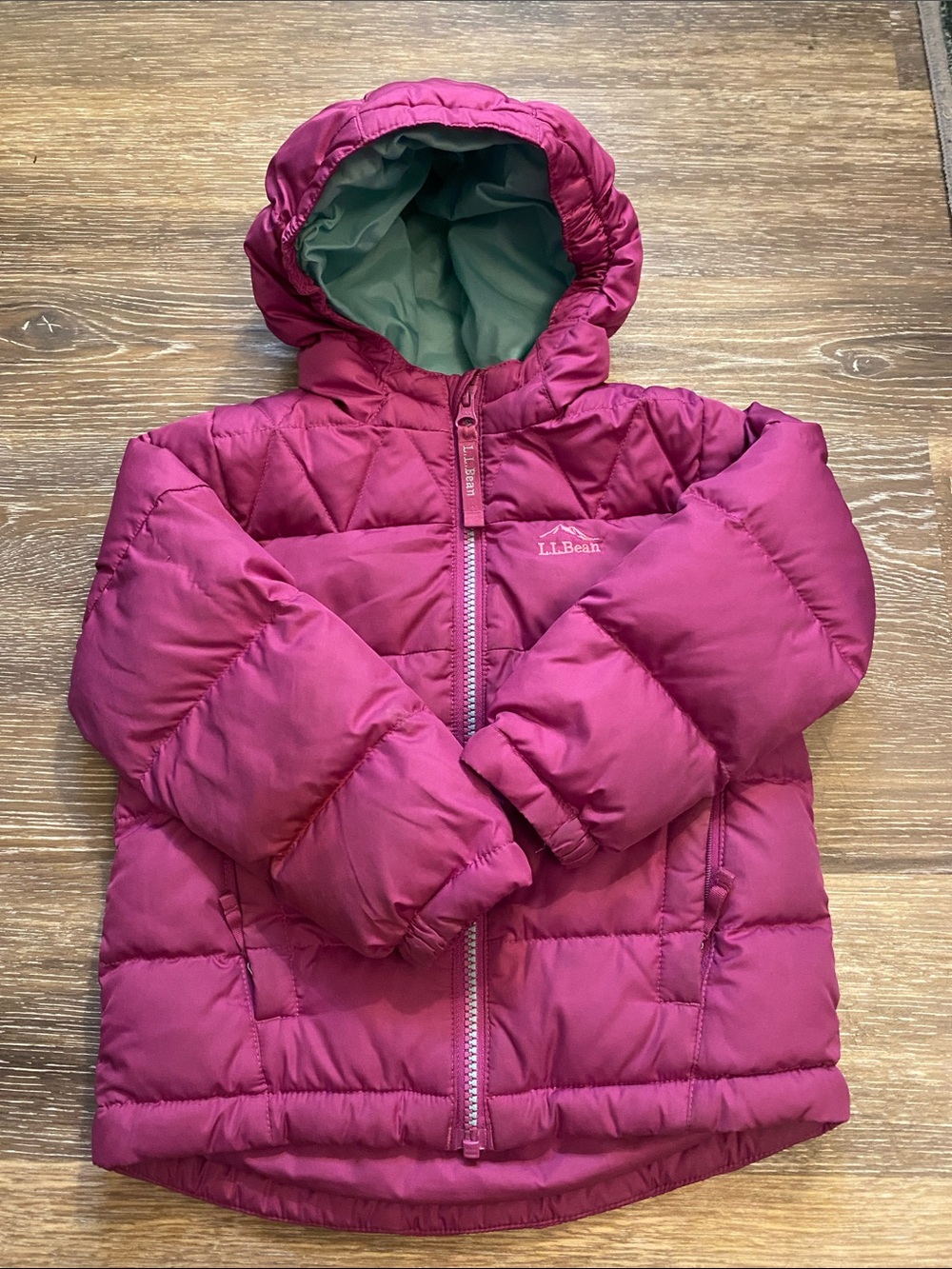 L.L. Bean Girls' Hooded Puffer Jacket - Deep Raspberry with Green Lining